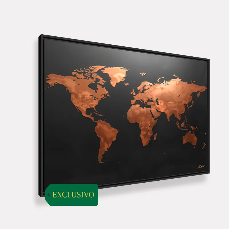 Quadro Mapa Mundi Moderno Preto Fosco E Cobre Envelhecido