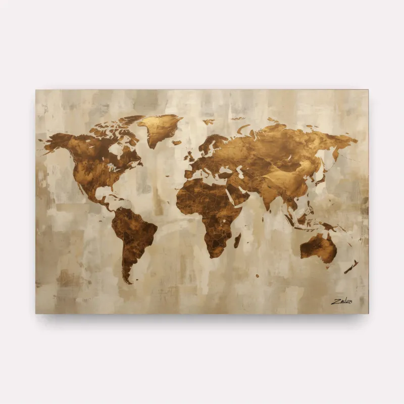 Quadro Mapa Mundi Linho E Bronze Moderno