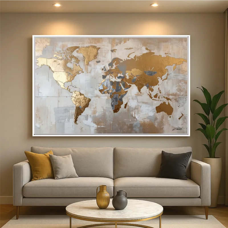 Quadro Mapa Mundi Tons Metálicos Dourado com Prata