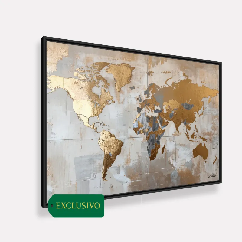Quadro Mapa Mundi Tons Metálicos Dourado com Prata