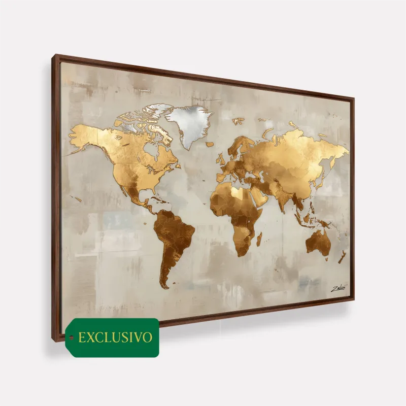 Quadro Mapa Mundi Moderno Aurora Dourada