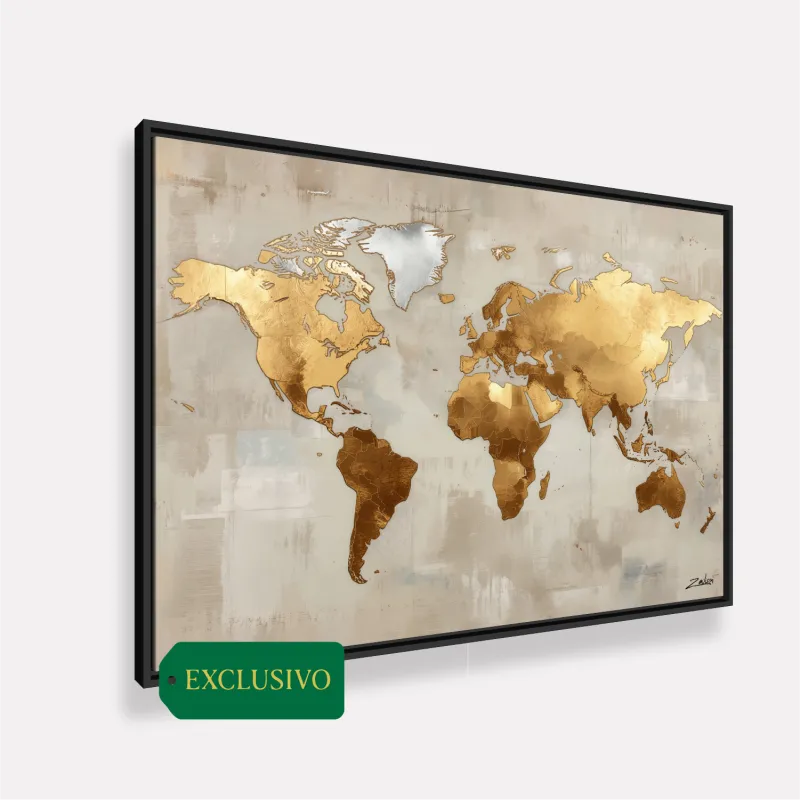 Quadro Mapa Mundi Moderno Aurora Dourada