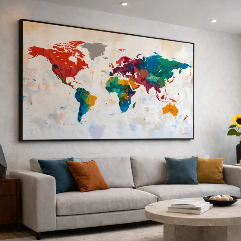 Quadro Mapa Mundi Contemporâneo Colorido - Arte Exclusiva