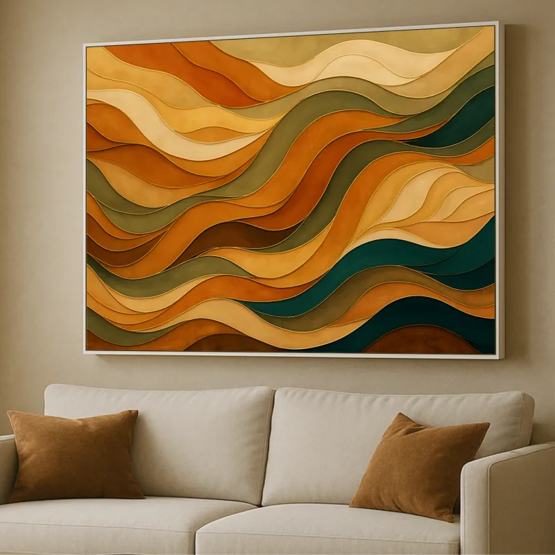 Quadro Abstrato Ondas Orgânicas Terracota Verde Dourado