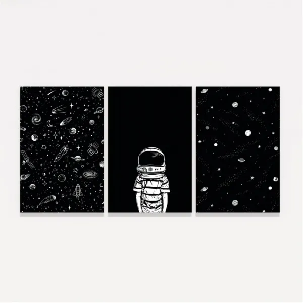 Kit Quadros Universo Astronauta Estrelas Galáxias - Preto e Branco