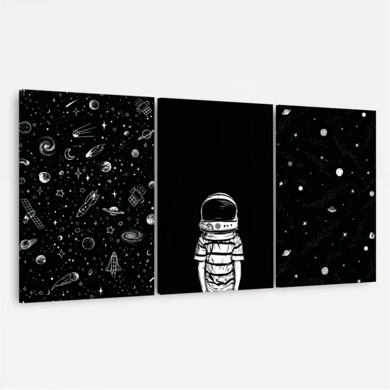 Kit Quadros Universo Astronauta Estrelas Galáxias - Preto e Branco