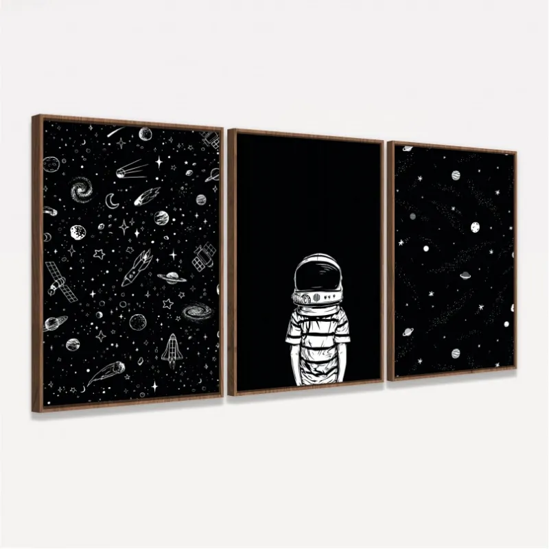 Kit Quadros Universo Astronauta Estrelas Galáxias - Preto e Branco