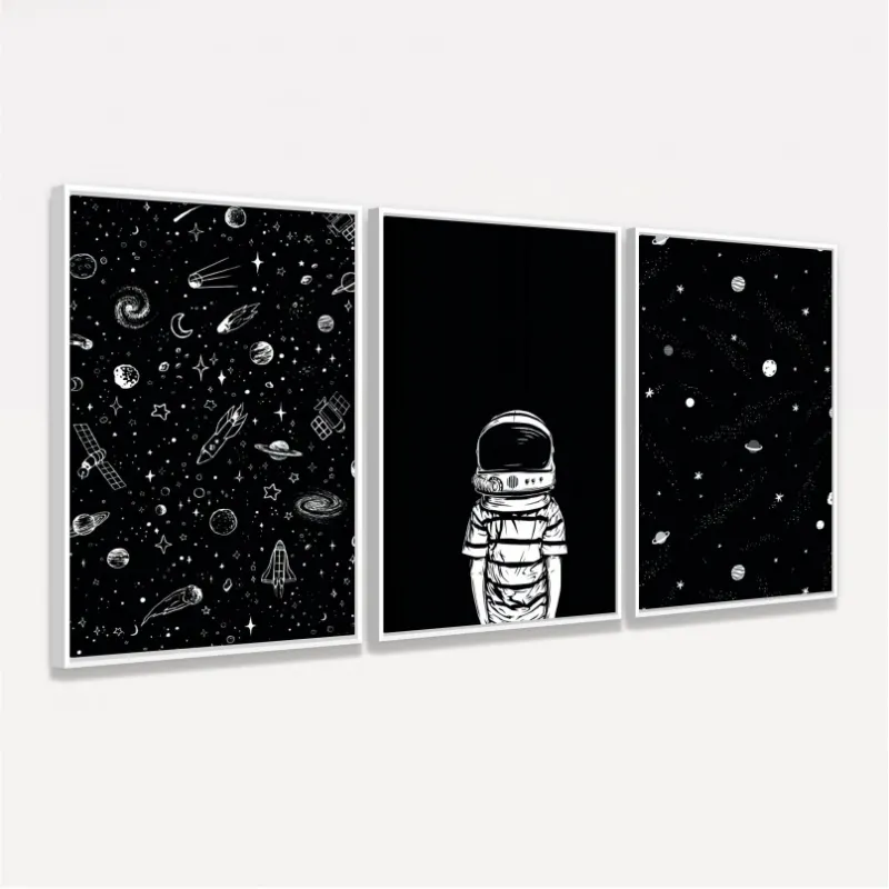 Kit Quadros Universo Astronauta Estrelas Galáxias - Preto e Branco