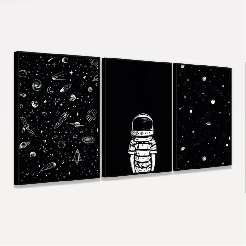 Kit Quadros Universo Astronauta Estrelas Galáxias - Preto e Branco