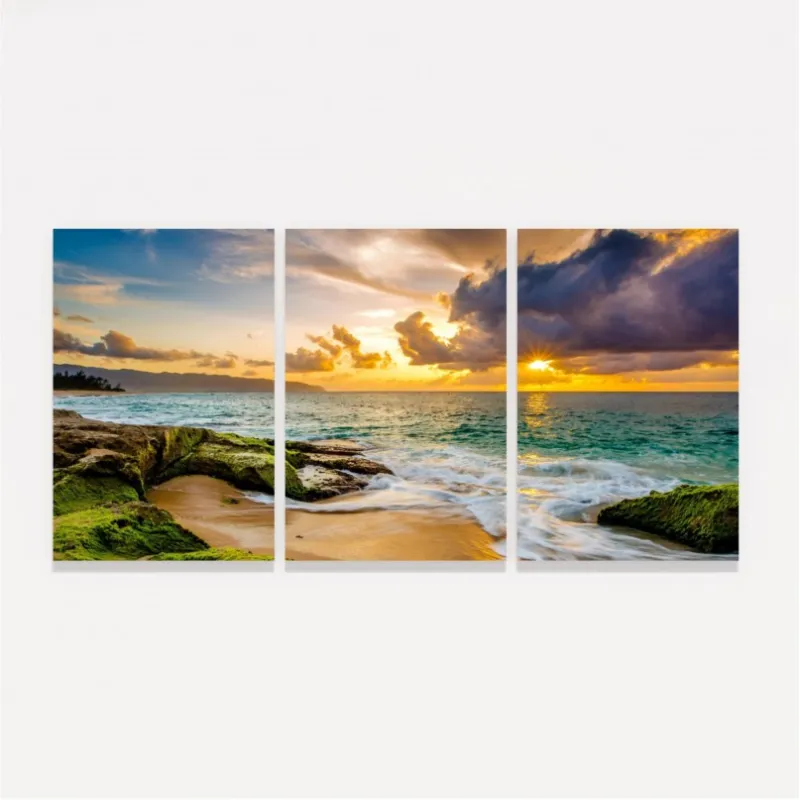 Quadro Paisagem a Beira Mar ao Entardecer - 3 Peças