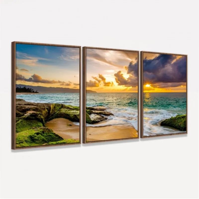 Quadro Paisagem a Beira Mar ao Entardecer - 3 Peças