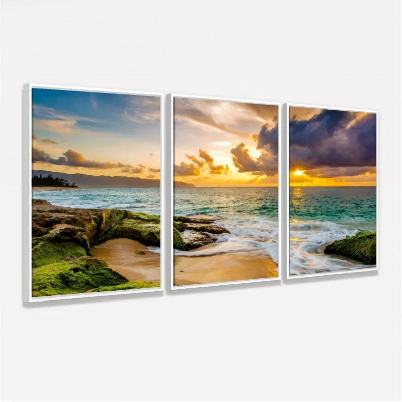 Quadro Paisagem a Beira Mar ao Entardecer - 3 Peças