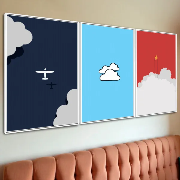 Kit Quadros decorativos Avião Nuvens Jato - 3 Peças