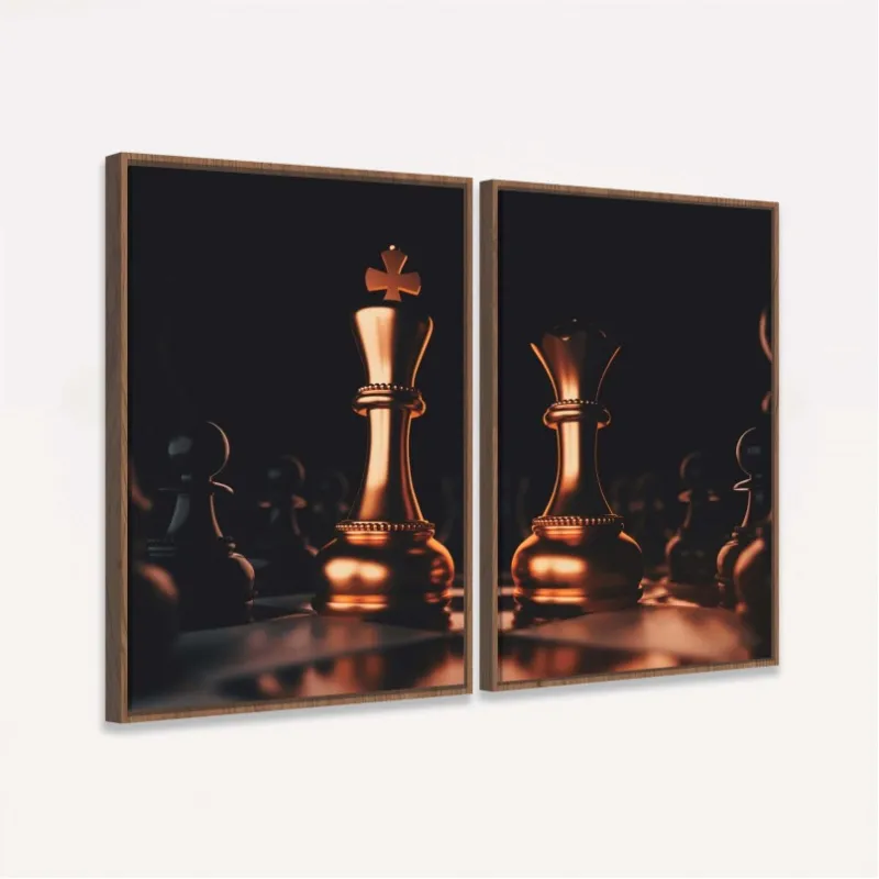 Quadro Xadrez Duo Rei Rainha Dourado com Preto