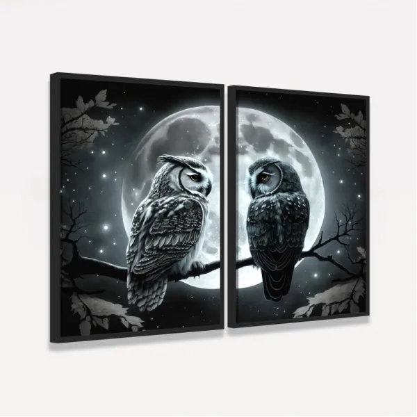 Quadro Casal Corujas Amor Noturno ao Luar 