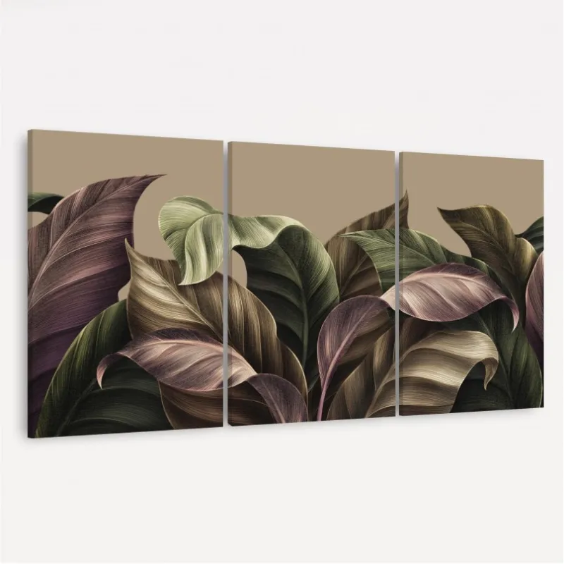 Quadro Trio Tropical Green Brown Leaves