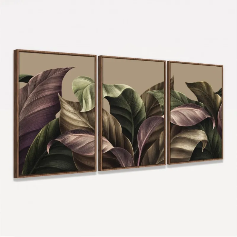 Quadro Trio Tropical Green Brown Leaves