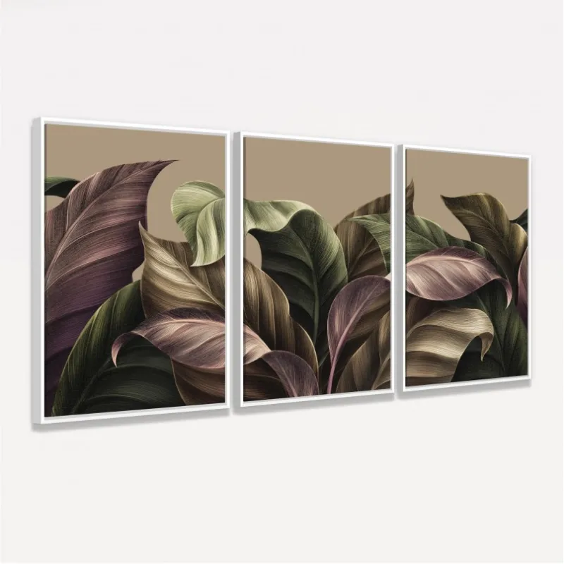 Quadro Trio Tropical Green Brown Leaves