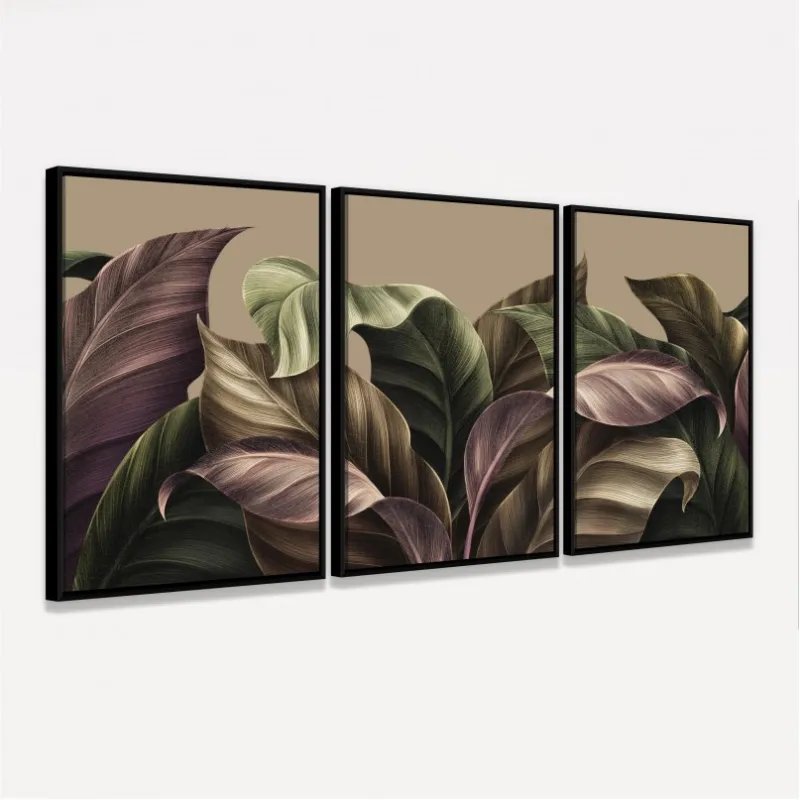 Quadro Trio Tropical Green Brown Leaves