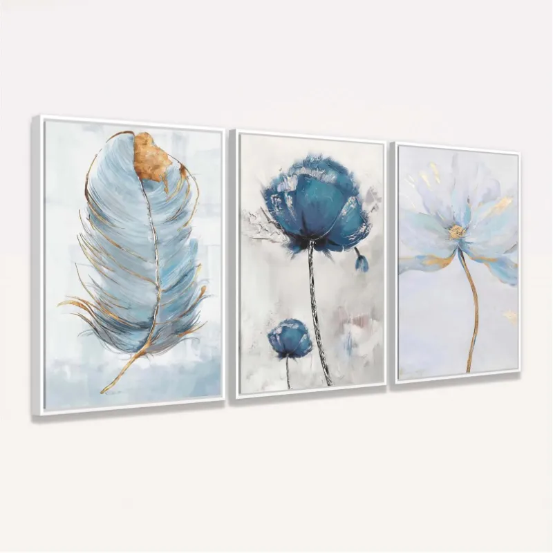 Quadro Arte Abstrata Trio Flores em Azul com Pena Sutil