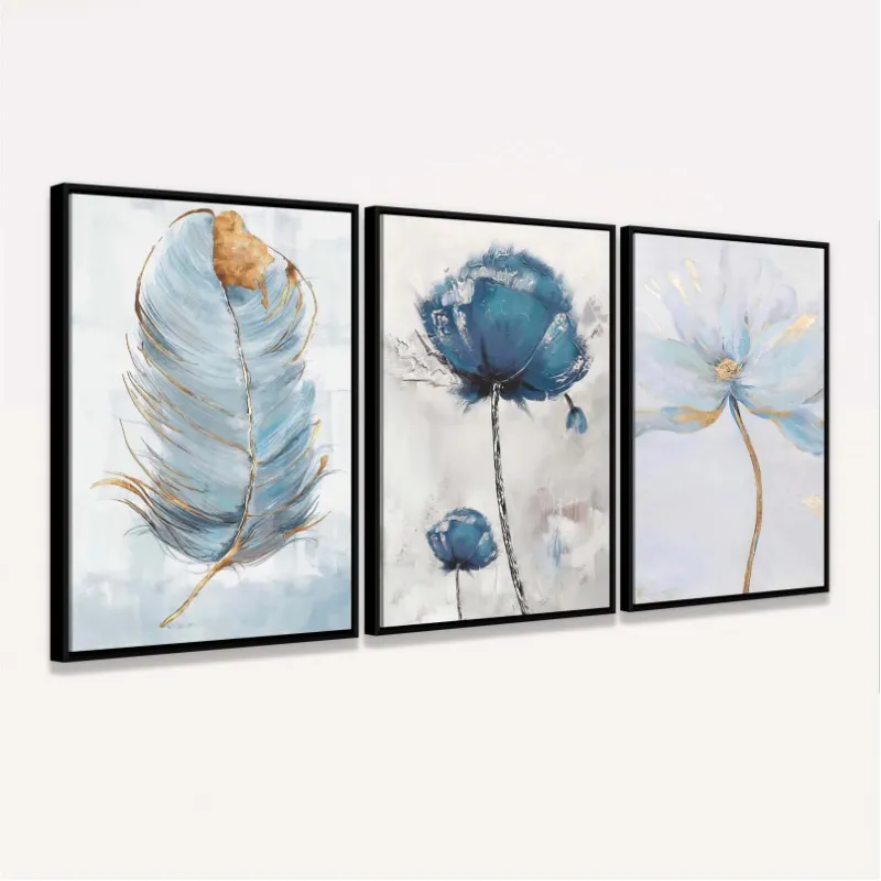 Quadro Arte Abstrata Trio Flores em Azul com Pena Sutil