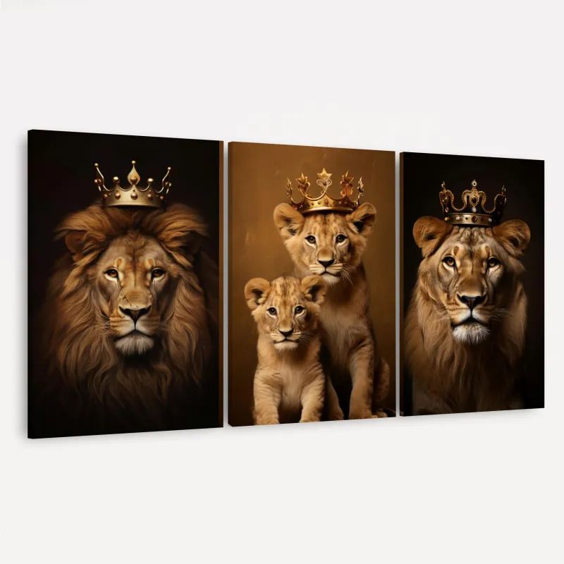 Quadro Trio Família de Leões Real 2 Filhotes