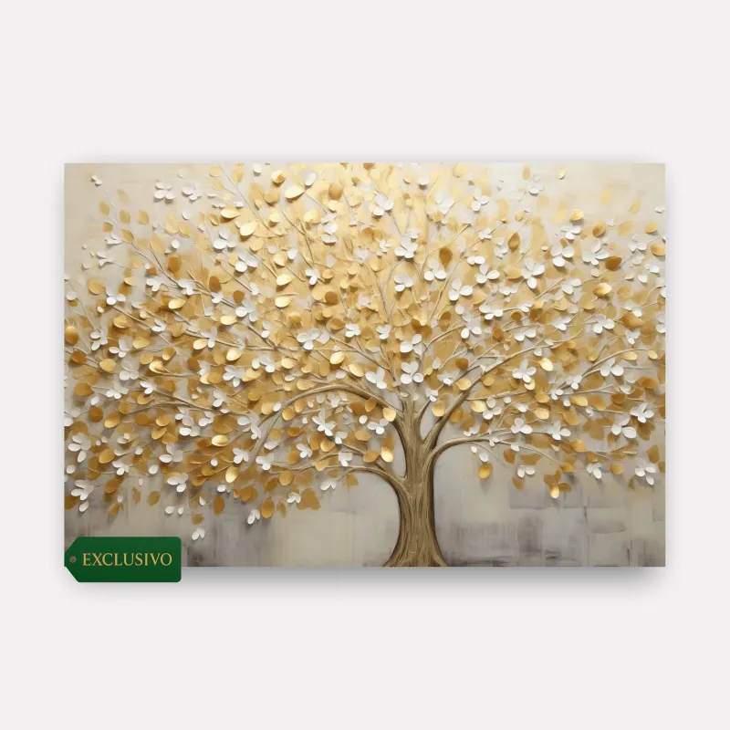 Quadro Árvore da Vida Abstrato Folhas Douradas em Arte