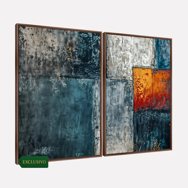 Quadro Abstrato Encontro de Mar Azul Profundo e Fogo