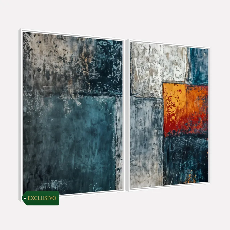 Quadro Abstrato Encontro de Mar Azul Profundo e Fogo