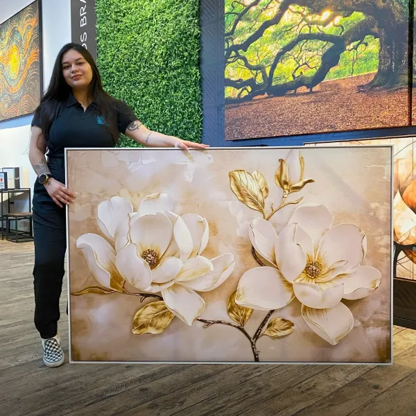 Quadro Luxo Floral Magnólias Douradas e Branco