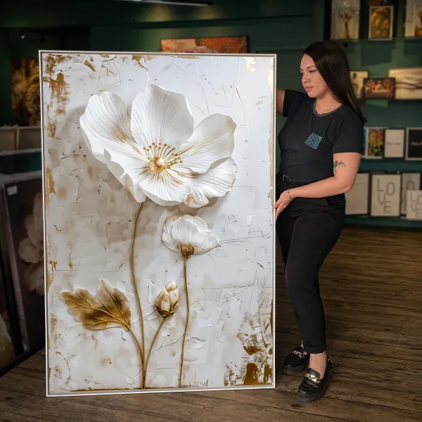 Quadro Flor Orquídea Branca o Poema em Pétalas Detalhes Dourados