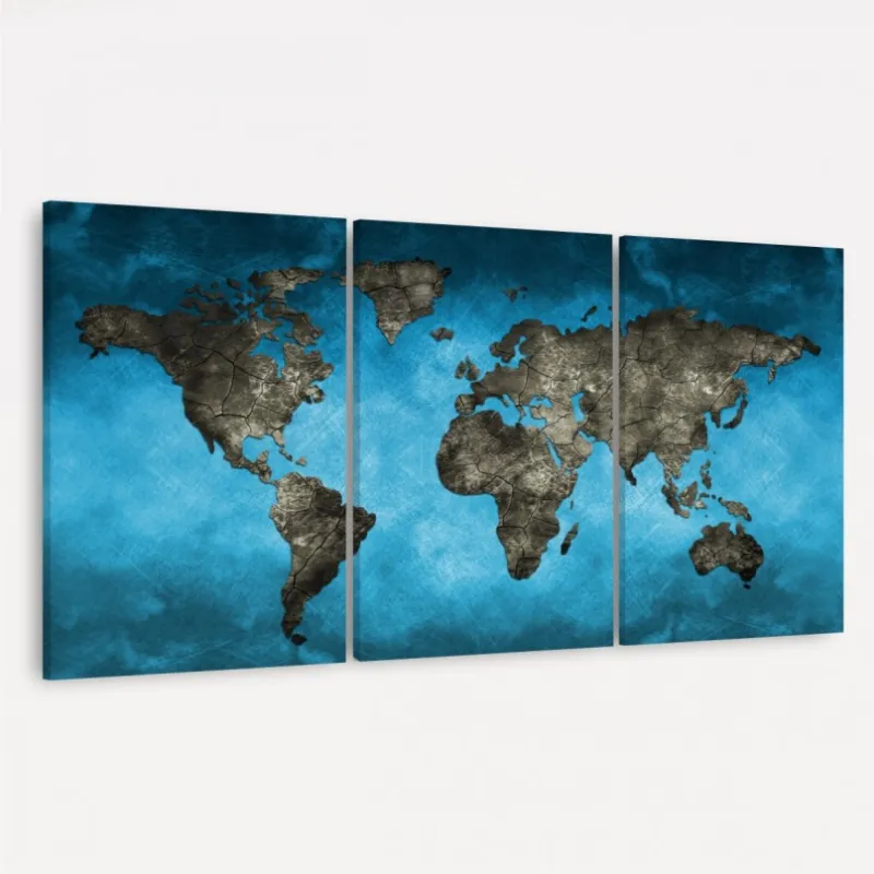 Quadro Mapa Mundi Artístico Azul Moderno