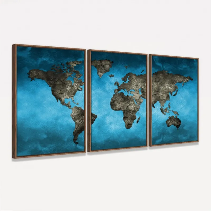 Quadro Mapa Mundi Artístico Azul Moderno