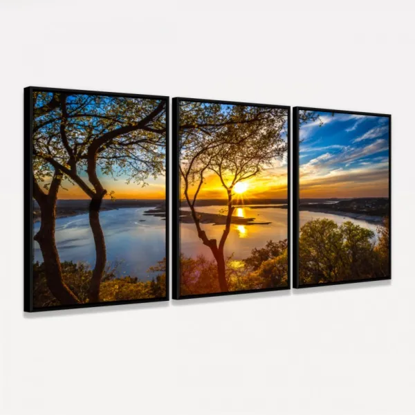 Quadro decorativo Paisagem Entardecer no Lago 3 Peças