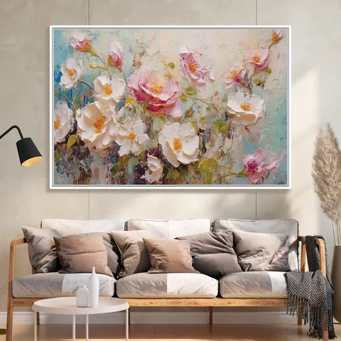 Quadro Floral Rosas e Peônias Estilo Textura Espatulada com tons suaves