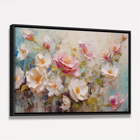 Quadro Floral Rosas e Peônias Estilo Textura Espatulada com tons suaves