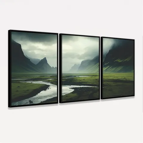 Quadro Trio Paisagem Campo com Montanhas na Islândia