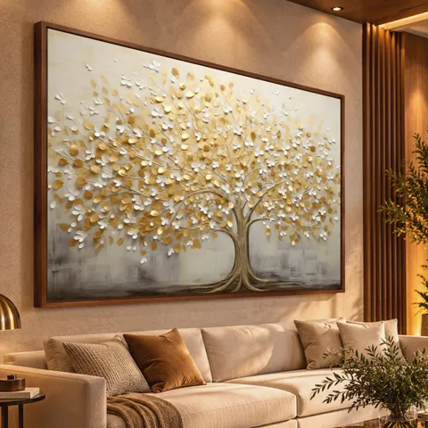 Quadro Árvore da Vida Abstrato Folhas Douradas em Arte