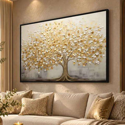 Quadro Árvore da Vida Abstrato Folhas Douradas em Arte