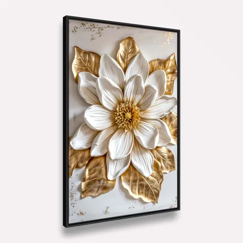 Quadro Magnólia Luxo Real Toque Dourado e Branco - Arte Exclusiva
