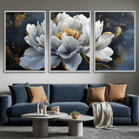 Quadro Floral Luxuoso Peônia Branca com Detalhes Dourados - Arte Exclusiva