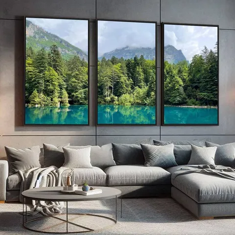 Quadro Paisagem Lago de Blausse Suíça Árvores e Motanhas - Arte Exclusiva