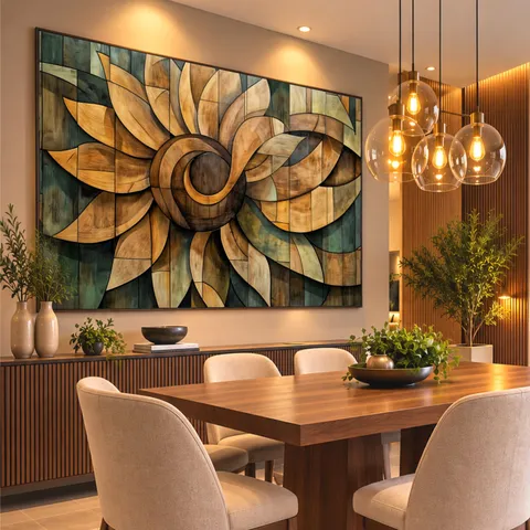 Quadro Abstrato Mandala de Girassol Ancestral Wood effect