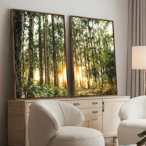 Quadro Duo Paisagem Brilho na Natureza O Sol entre as Árvores