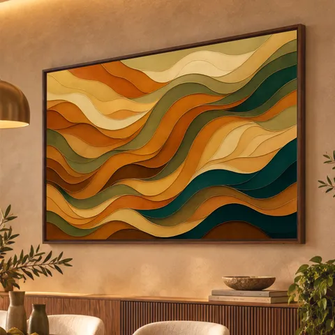 Quadro Abstrato Ondas Orgânicas Terracota Verde Dourado