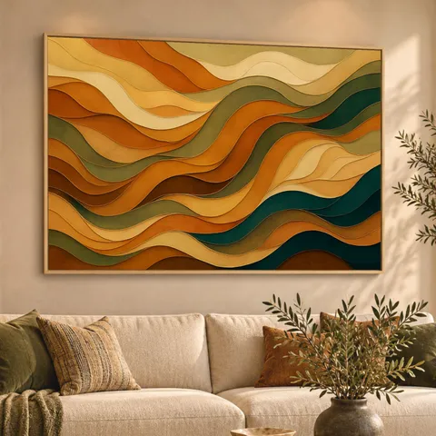 Quadro Abstrato Ondas Orgânicas Terracota Verde Dourado
