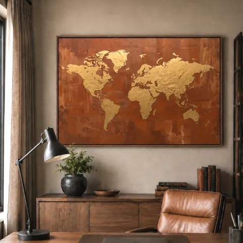Quadro Mapa Mundi Dourado Sobre Terracota
