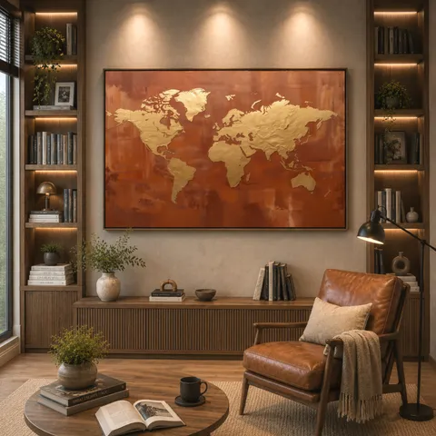 Quadro Mapa Mundi Dourado Sobre Terracota