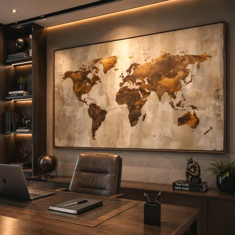 Quadro Mapa Mundi Linho E Bronze Moderno