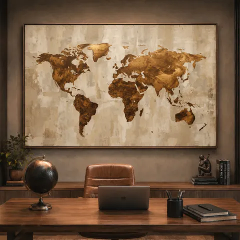 Quadro Mapa Mundi Linho E Bronze Moderno
